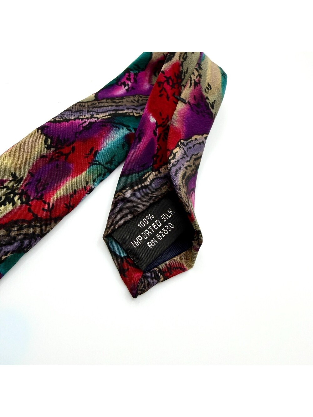 Vintage 90s Teal Purple Silk Watercolor Tree Print Tie - Picture 5 of 7